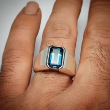 Emerald Cut Natural London Blue Topaz 925 Sterling Silver Men's Ring