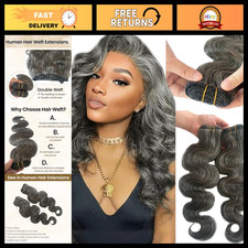 18" Salt  Pepper Grey Body Wave Hair Extensions - 100G Loose Curly Wefts, Real