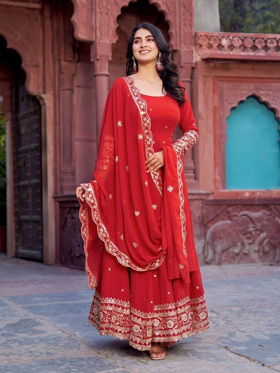 Red Embroidered Anarkali Gown with Dupatta for Women M Red Embroidered Anarkali Gown with Dupatta for Women M