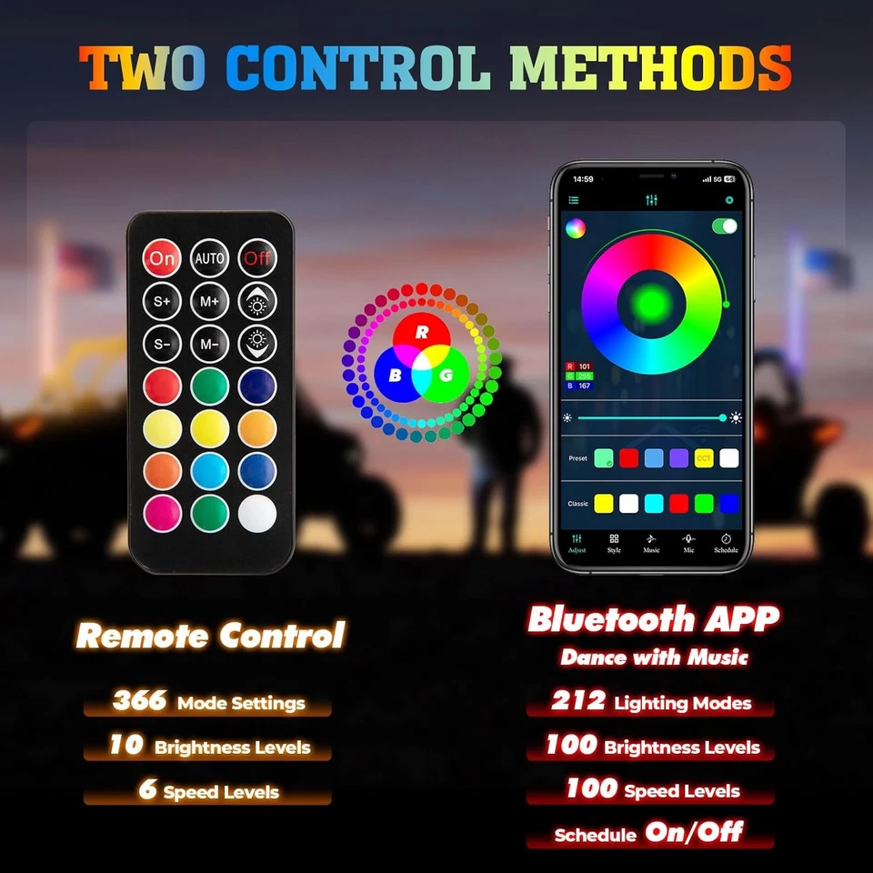 KEMIMOTO 2pc 1ft Whip Lights for Side by Side, APP 1 ft, Black, Transparent Foto 2 de 4