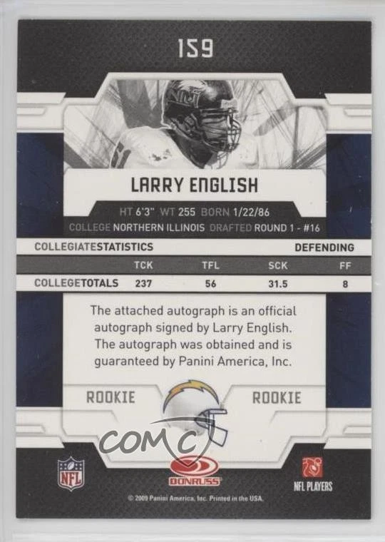 2009 Donruss Elite Auto Rookies /299 Larry English #159 Rookie Auto RC - Image 2 of 2