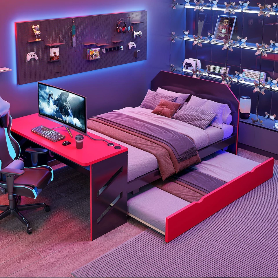 Full Size Wood Daybed with Twin Size Trundle,Desk and USB,Red - Image 3 of 4