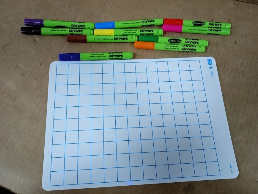 Show Me A4 Gridded Mini Whiteboard Kit Marker Pen Assorted Erasable