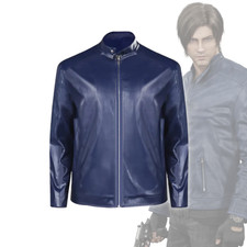 Resident Evil Death Island Leon S Kennedy Blue Genuine Leather Jacket Cosplay