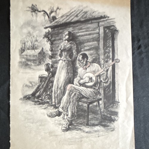 Vintage Black Americana Prints Set of 2 - Banjo Player by Cabin & Man by Sea