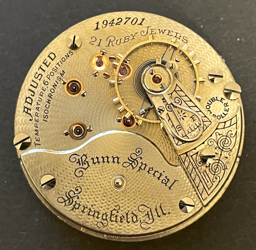 Antique 1907 Illinois Bunn Special Pocket Watch Movement Running Ticks 18s 21j