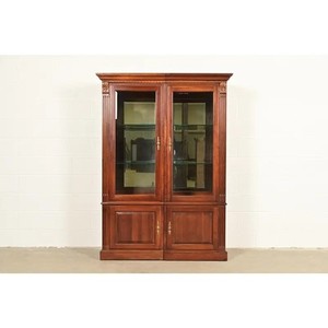 Ethan Allen French Regency Louis XVI Carved Cherry Wood Lighted Bookcase Cabinet