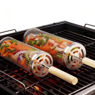 Rolling Grill Basket 2-Pack 304 Stainless Steel Removable Wooden Handle BBQ