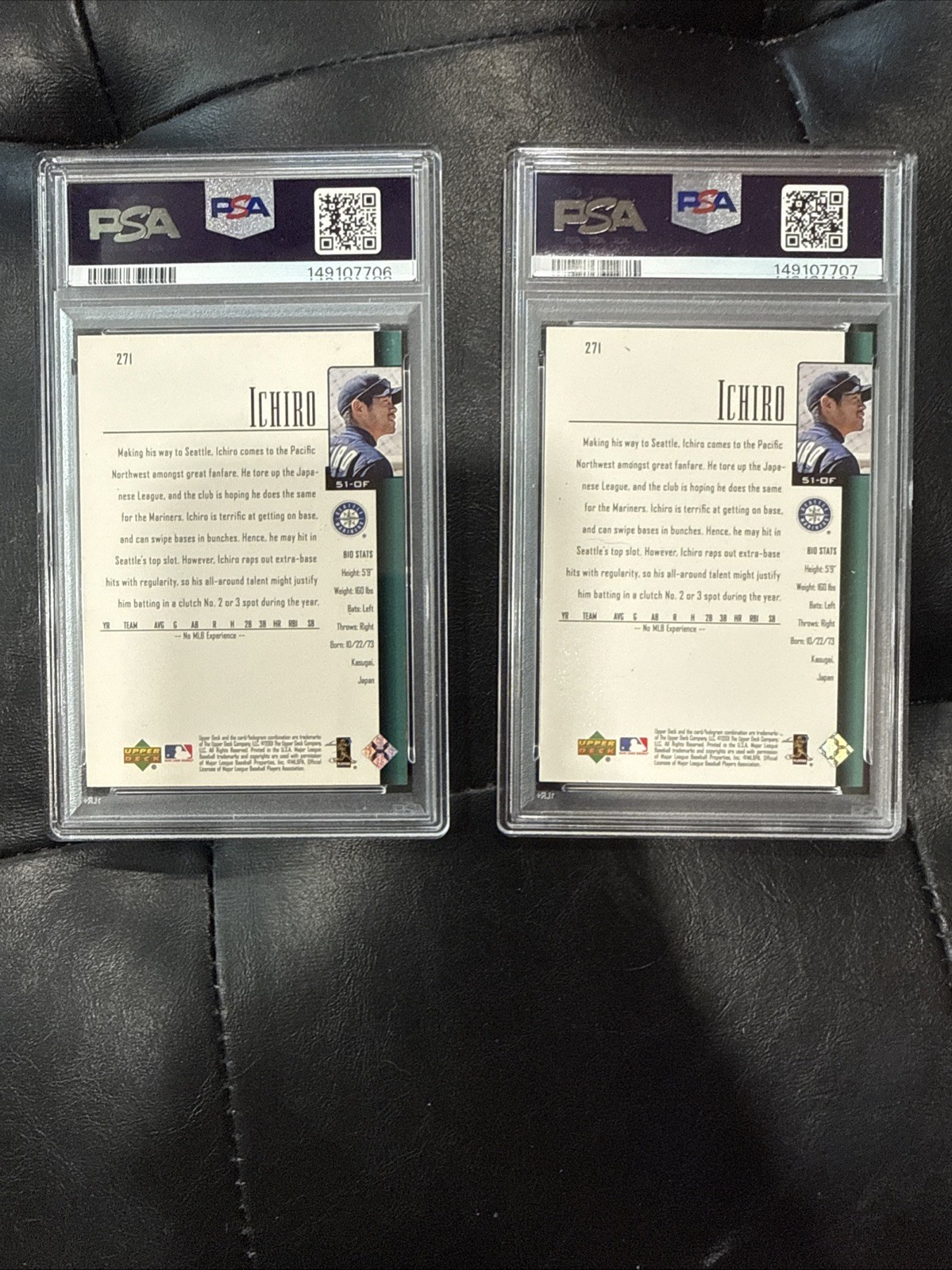 2001 Upper Deck - Ichiro Suzuki #271 RC PSA Mint 9 & PSA Nm 7 view 4