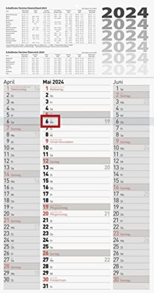 BRUNNEN Calendario 3 mesi 2024, 1 foglio = 3 mesi, 30 x 55,5 cm, 1 pezzo, colore