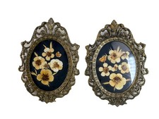 Vintage Pair of Made In Italy Ornate Wall Brass Frames With Dried Flowers