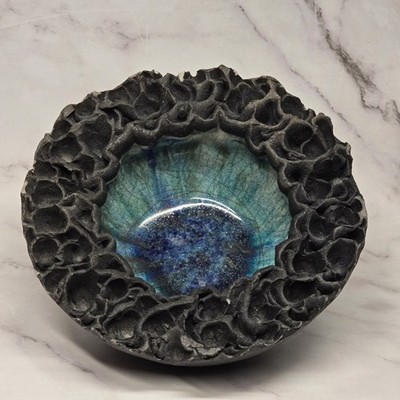 Vintage Signed Ben Diller Hawaiian Raku Volcanic Crater Bowl 5.5'' Blue Lava