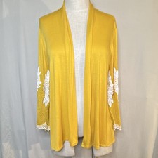 ECLA Yellow White Boho Western Open Front Cardigan Embroidered Bell Sleeve Sz M