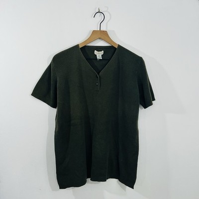Yarn Works Forest Green Short Sleeve Knit Sweater Top V Neck Two Buttons Size L