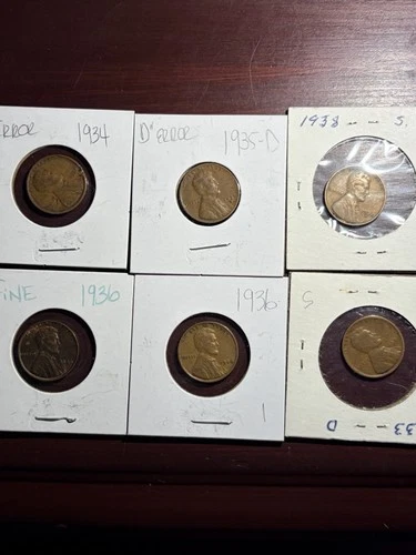 Wheat Pennies 1934, 1938S,1933D,1935D,1936,very Fine 1936