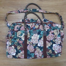 Vintage Gitano Large Canvas Overnight Tote Bag Burgundy Floral Leather Straps