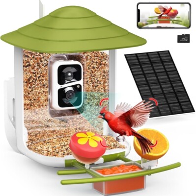 TUC- Smart Bird Feeder with Camera+Solar Panel SD Card 4-in-1 Perch, 160°View
