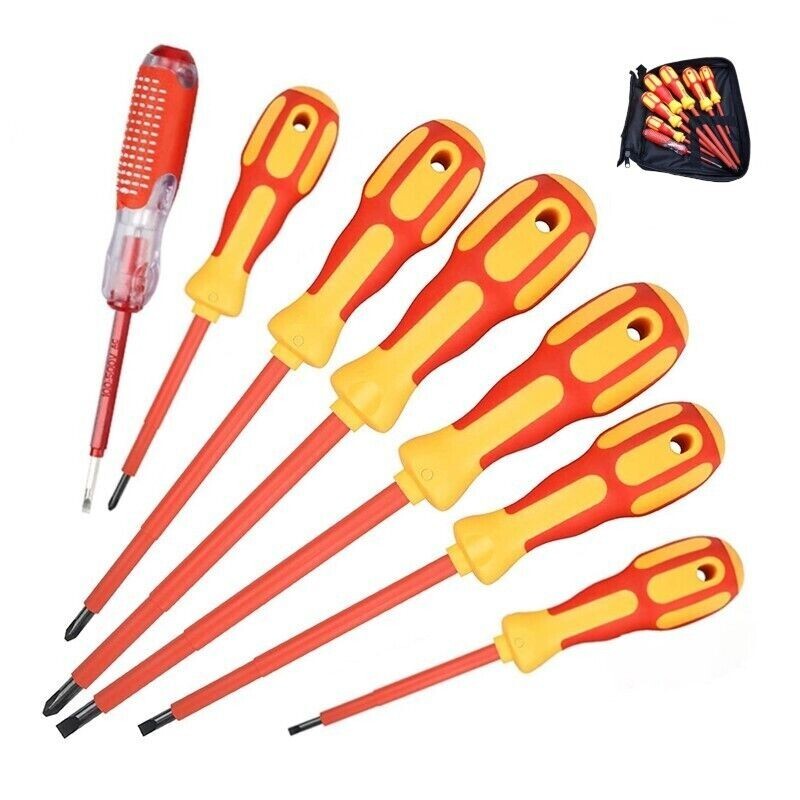 Cacciaviti isolati per elettricista set 7pz punta magnetica cerca fase + borsa