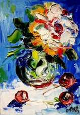 Oil painting.Bright flower and cherry on the table in summer.Abstraction.