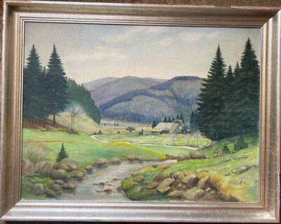 ::OIL PAINTING INDISTINCT. SIGN. 1950s RIVER LANDSCAPE IN THE MOUNTAINS SPREEWALD