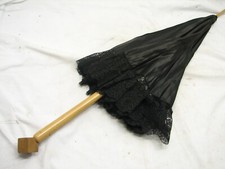 Vintage Antique Victorian Parasol Umbrella Black w/Cubist Wood Art Handle Cube