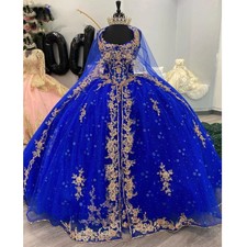 Royal Blue Quinceanera Dresses Ball Gown Applique With Cloak Sweetheart Sweet 16