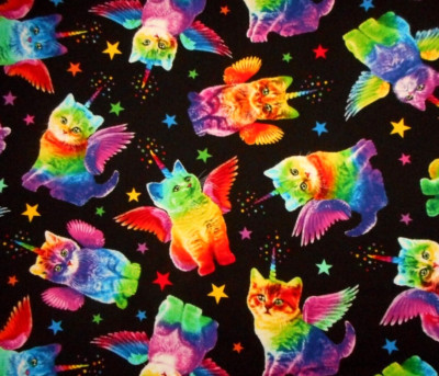 Quilt Fabric By The Yard Rainbow Unicorn Kitty Cats on Black TT Premium Cotton