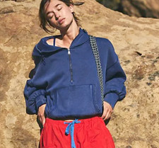 NEW FREE PEOPLE FP MOVEMENT BLUE SHELTER HALF ZIP PULLOVER HOODIE SWEATSHIRT XS