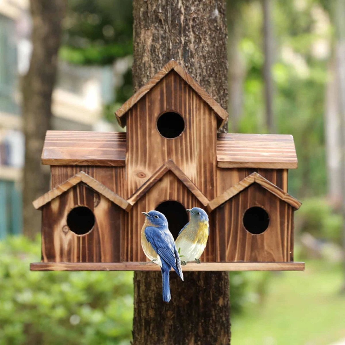Outside Wooden Bird Houses Hanging 6 Hole Handmade Natural House
