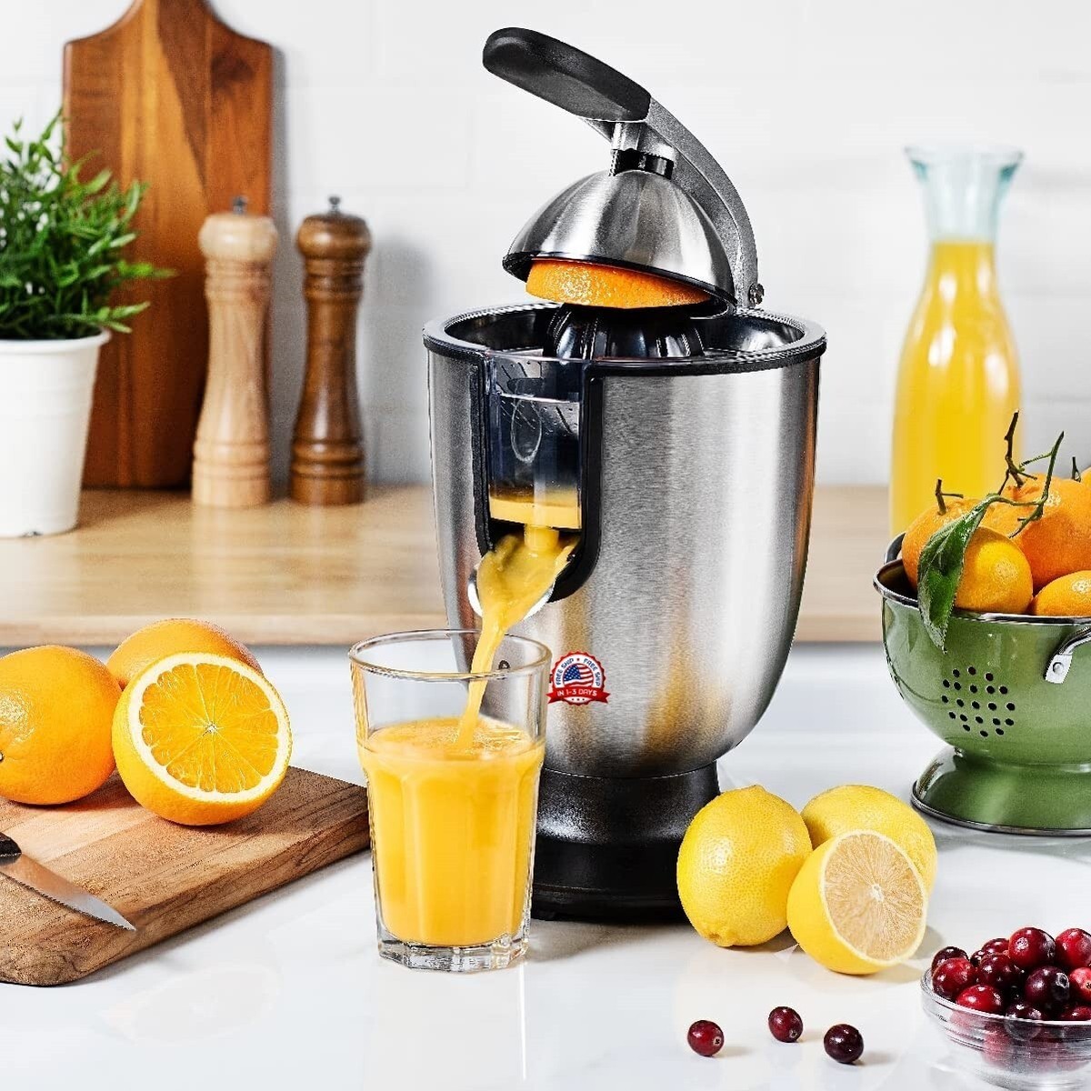 Silvano Exprimidor Eléctrico De Naranjas 160W - Con Palanca Y Sistema Antigoteo, Boquilla Acero Inoxidable, 2 Conos Intercambiables, Apto Lavavajillas