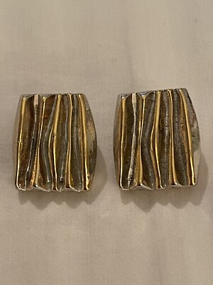 Vintage Rectangle Push Back Earrings Silver Color With Gold Color Vertical Lines