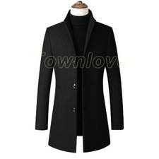 Men's Single Breasted Stand Collar Wool Blend Jacket Trench Coat Business Blazer