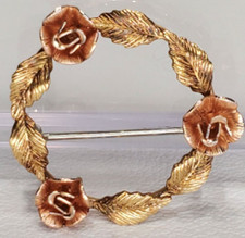 Vintage Yellow Gold-Filled Krementz Leaves and Peach Roses Wreath Brooch Pin