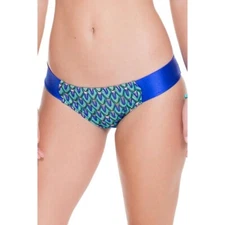 LULI FAMA Blue Kiss Bikini Bottoms Sz S Full Tab Crochet Peacock Feather Shimmer