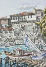 Contemporary realist ink painting town harbor cityscape