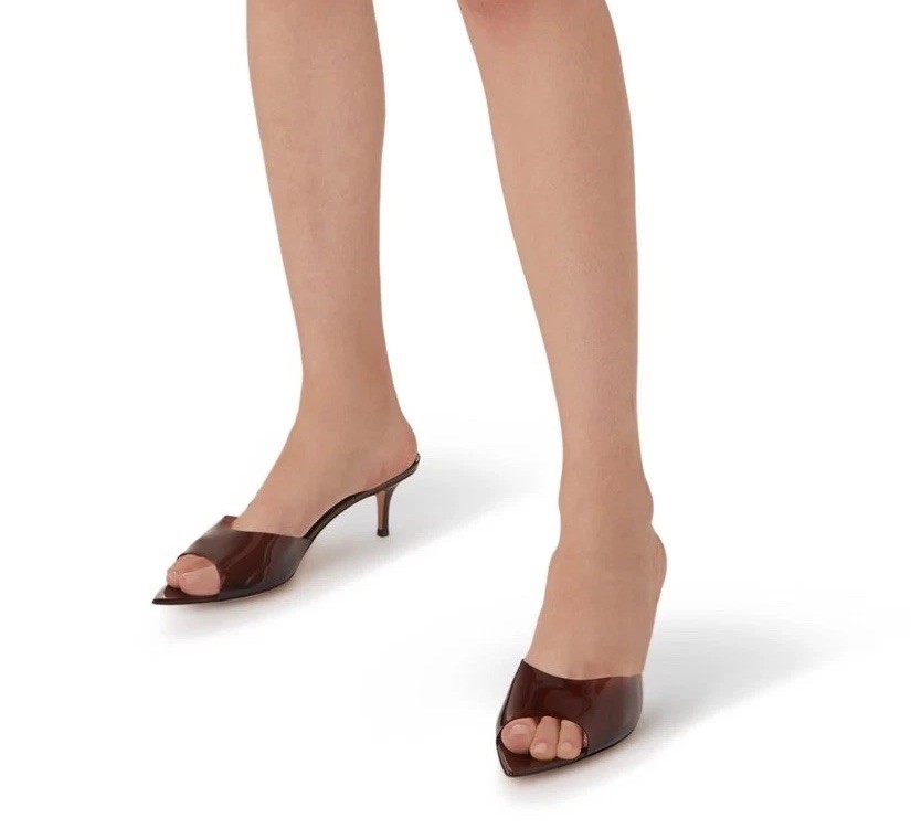 NEW GIANVITO ROSSI Elle 55 Bordeux Plexi & Patent Mules Sandals, Size 38