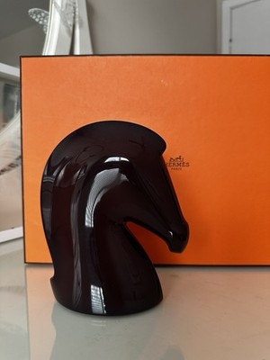 Authentic HERMÈS Samarcande Horse Paperweight - Lacquered Wood Aubergine Brown