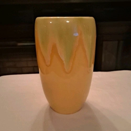 Royal Haeger D-1001 Cylinder Vase Yellow Green Drip Ceramic Art Pottery 7.5" USA