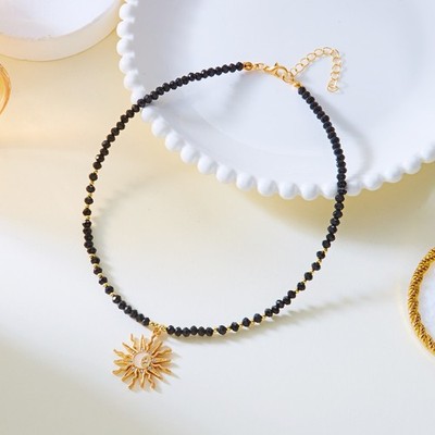 Elegant Black Crystal Bead Link Gold Plated Sunflower CZ Pendant Choker Necklace