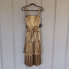 Mac Duggal Ieena 27062 A Line Pleated Metallic Tea Length Cocktail Dress Size 4