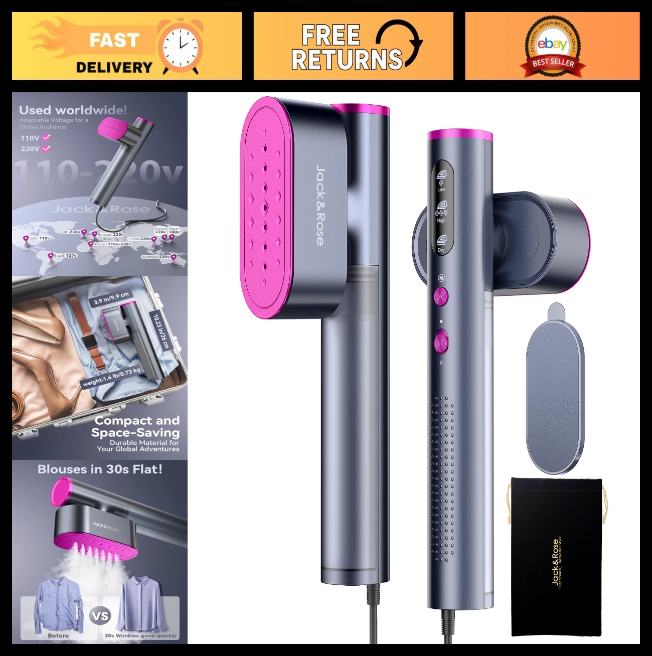 Portable Travel Steamer & Iron 2-in-1, 100-220V, Fast Heat-Up, Compact Design