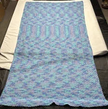 VTG Handmade Rectangle Afghan Blanket Throw Blue/Green/purple Stripped 37x65”