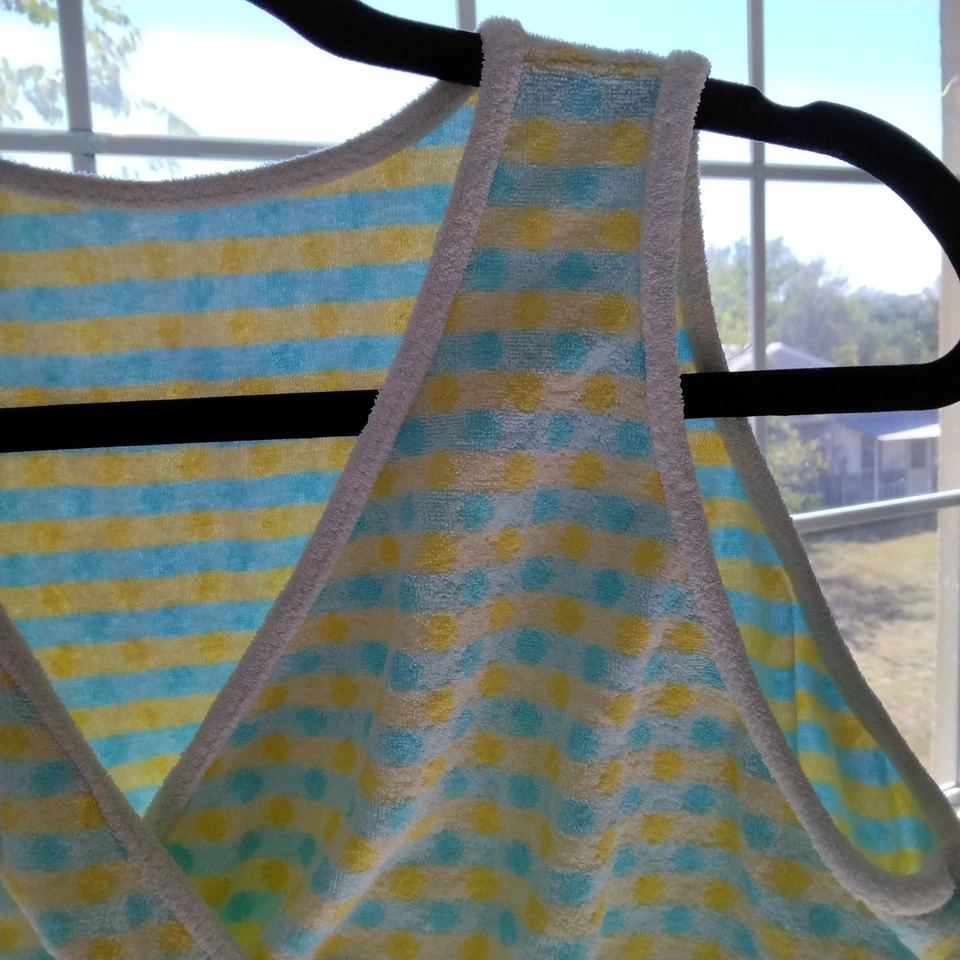 Vtg 70s Large Terry Cloth Crop Top Polka Dot Pastel Retro Festival Blue Yellow  - Image 4 of 4