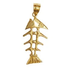 New 14k Yellow Gold 3-D Fish Bone Skeleton Pendant