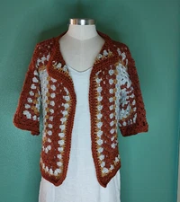 New Handmade Crocheted Cardigan Sweater Short Sleeve Granny Square Open Front