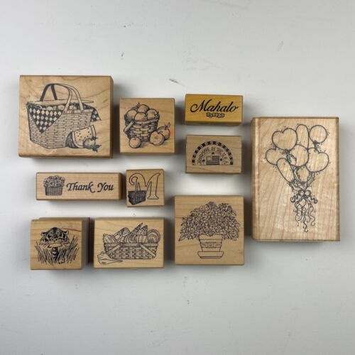 VTG Lot of 10 Assorted Wooden Rubber Stamps Balloons Picnic Basket