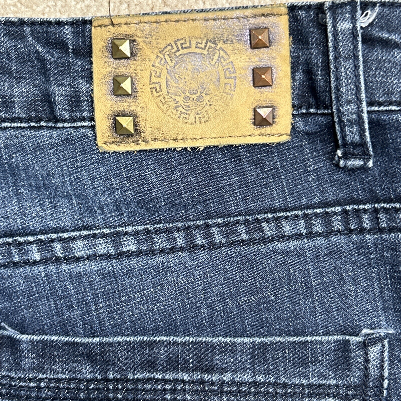 Platini Jeans Men's Sz 36x32 Blue Faded Whisker Studded Back Label Stretch EUC!