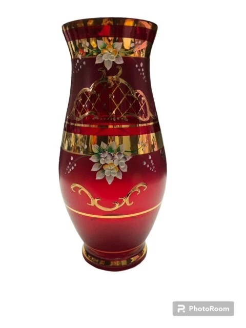 New Bohemian Inspired Red and Gold Vase with Flower Motif Home Decor