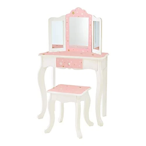 Princess Gisele Twinkle Star Print 2 Piece Kids Wooden Play Vanity Set with