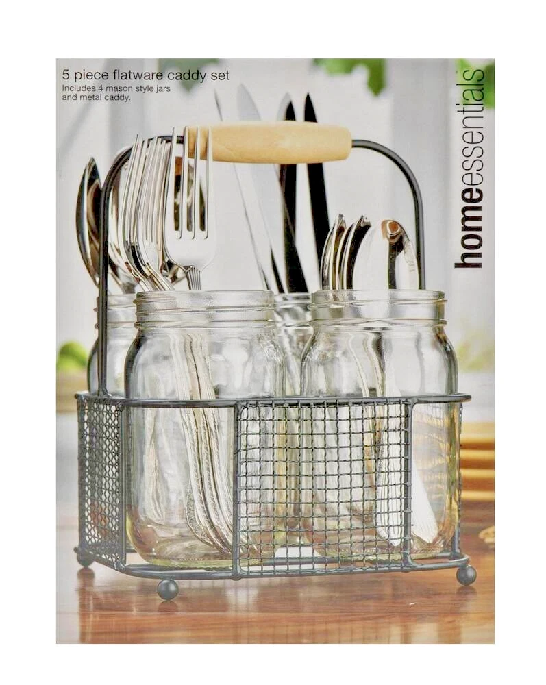 Home Essentials Rustic Farmhouse Mason Jar Flatwear Flower Caddy Centerpiece NIB